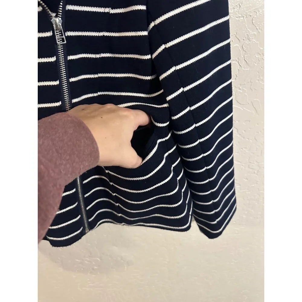 Bagatelle Y Navy & White Pocketed Striped Zipper Moto Sweater Jacket - Picture 8 of 13